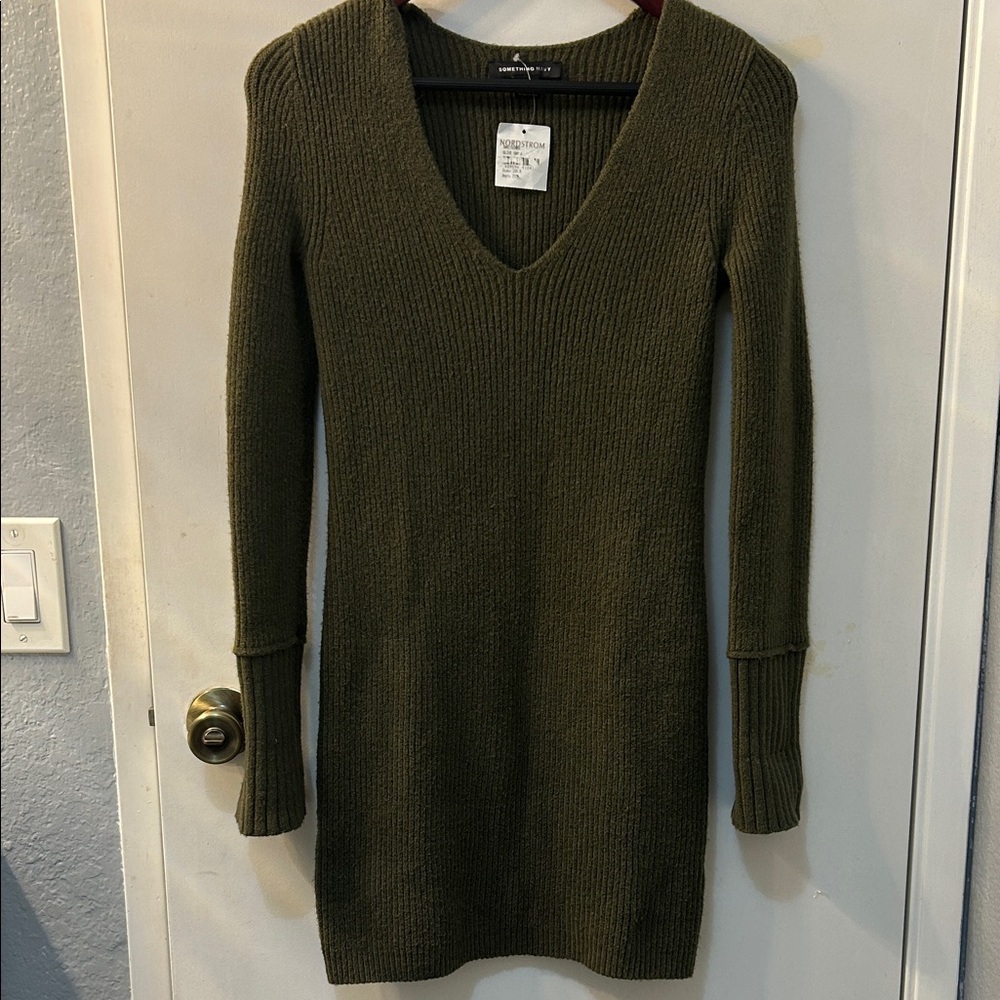 Something Navy Olive Green Knit Sweater Dress, Sz XXS